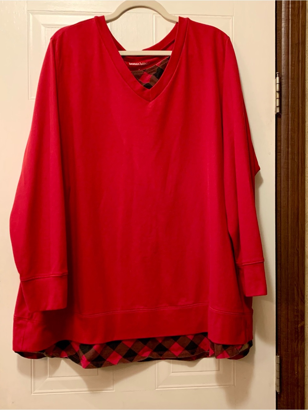 Woman Within 1X Red Layered Faux Plaid Accent Sweatshirt Tunic 22/24